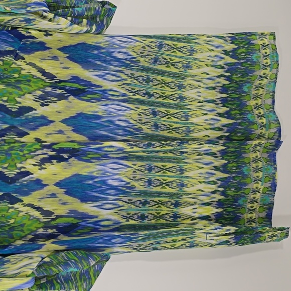 {Chico's} Multicolor Ikat Abstract Print Button-Down Tunic Blouse - Picture 6 of 12